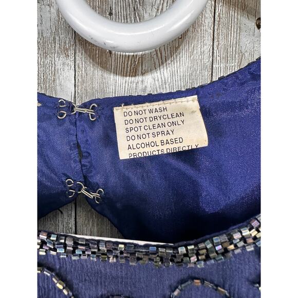 Vintage 80s Stenay Sheath Dress Womens 14 Navy Blue Silk Sequin Beaded Cocktail - Picture 5 of 7